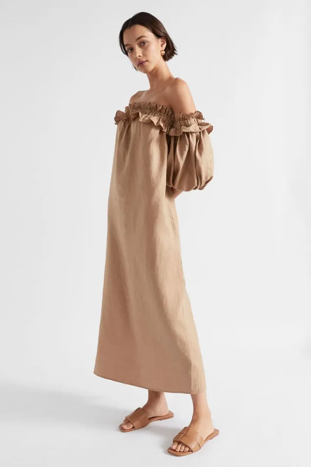 Dresses Woman Seed Heritage Linen Ruffle Off Shoulder Dress Barley