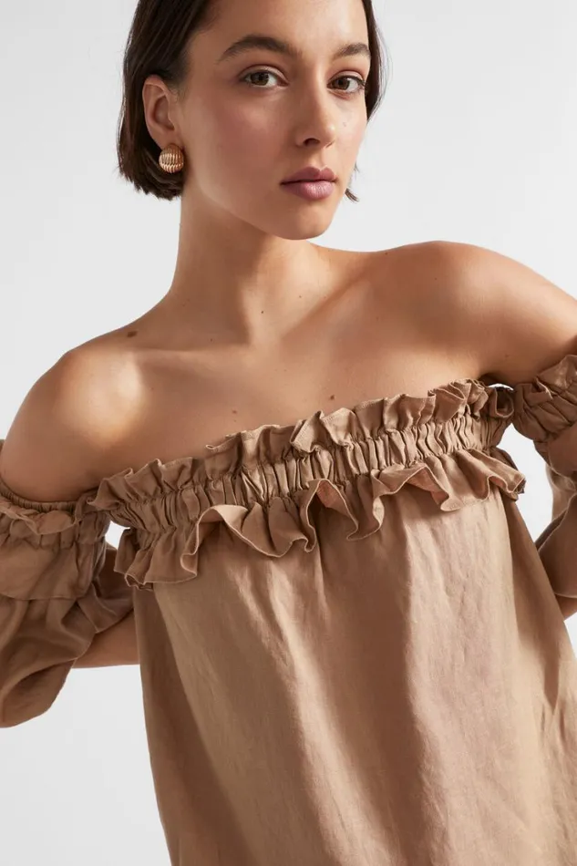 Dresses Woman Seed Heritage Linen Ruffle Off Shoulder Dress Barley