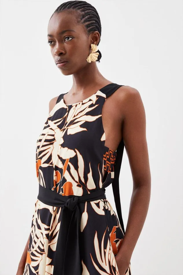 Dresses Women Karen Millen Abstract Floral Border Printed Woven Midi Dress Black
