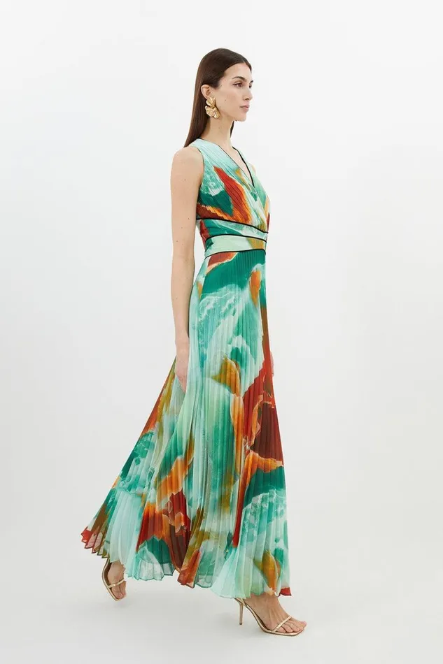 Dresses Women Karen Millen Abstract Printed Soft Pleated Plunge Maxi Dress Multi