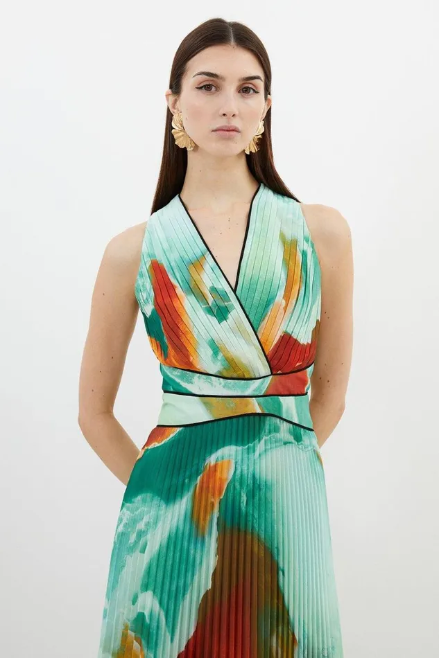 Dresses Women Karen Millen Abstract Printed Soft Pleated Plunge Maxi Dress Multi