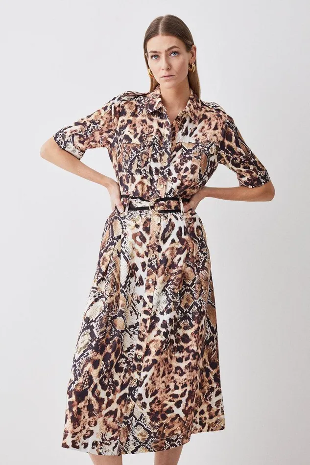 Dresses Women Karen Millen Animal Print Premium Linen Woven Shirt Dress Animal