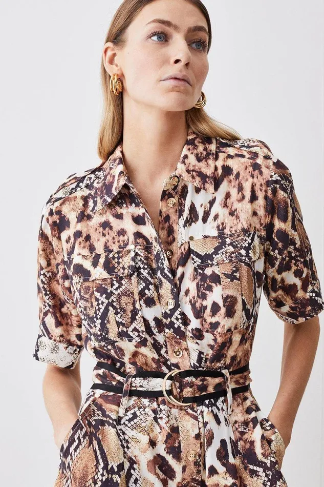 Dresses Women Karen Millen Animal Print Premium Linen Woven Shirt Dress Animal