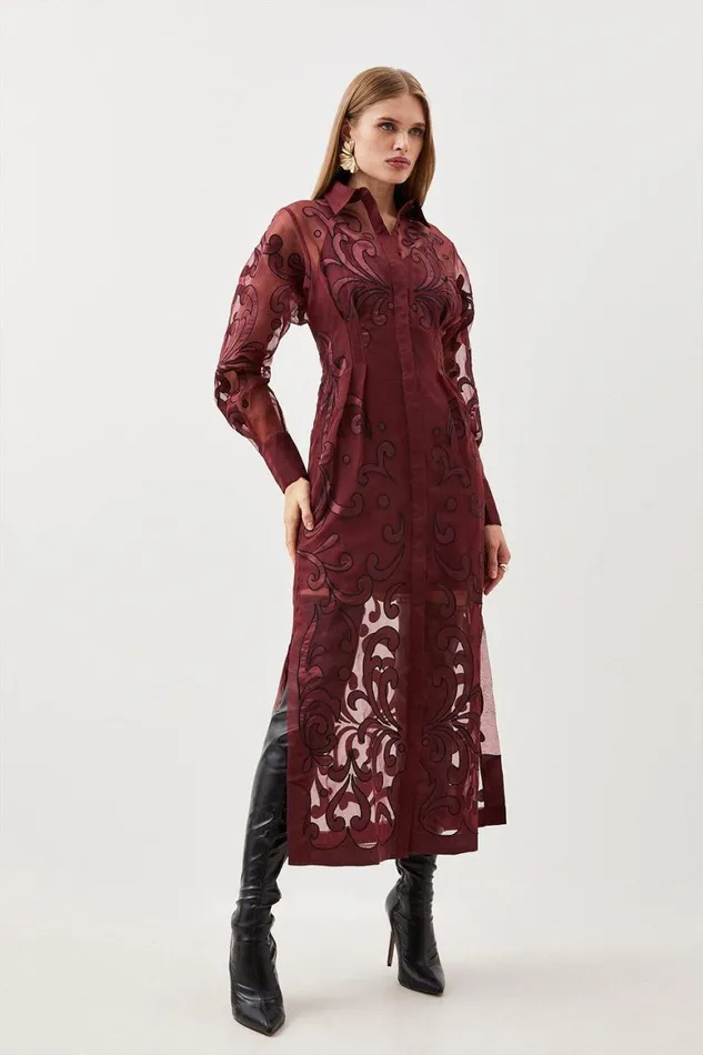 Dresses Women Karen Millen Applique Organdie Woven Midi Shirt Dress Fig