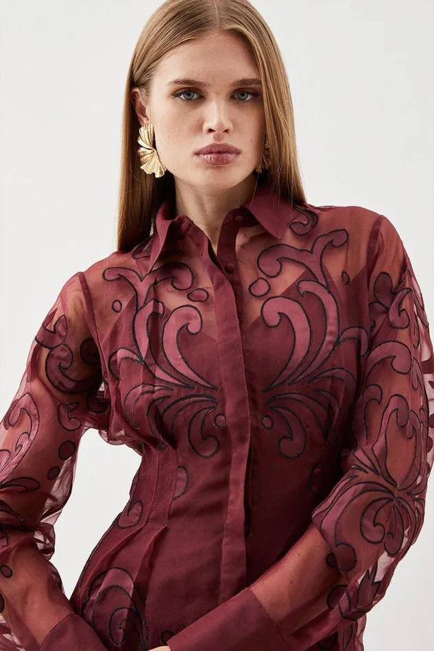 Dresses Women Karen Millen Applique Organdie Woven Midi Shirt Dress Fig