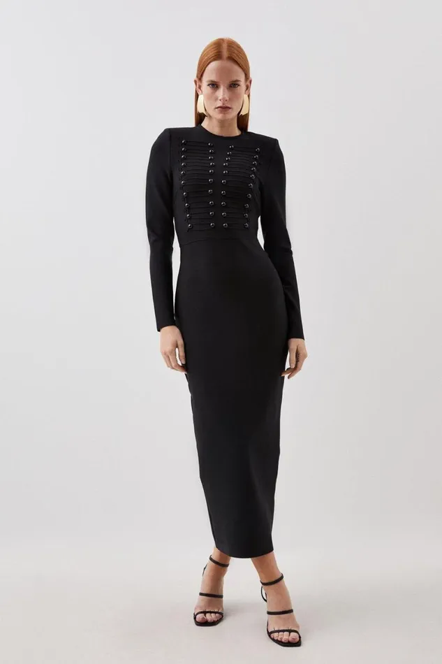 Dresses Women Karen Millen Bandage Figure Form Military Detail Knit Maxi Dress Black