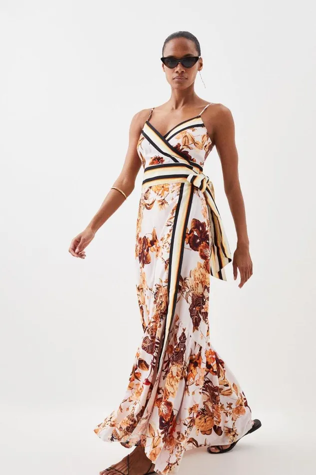 Dresses Women Karen Millen Beach Botanical Floral Striped Woven Maxi Dress Floral