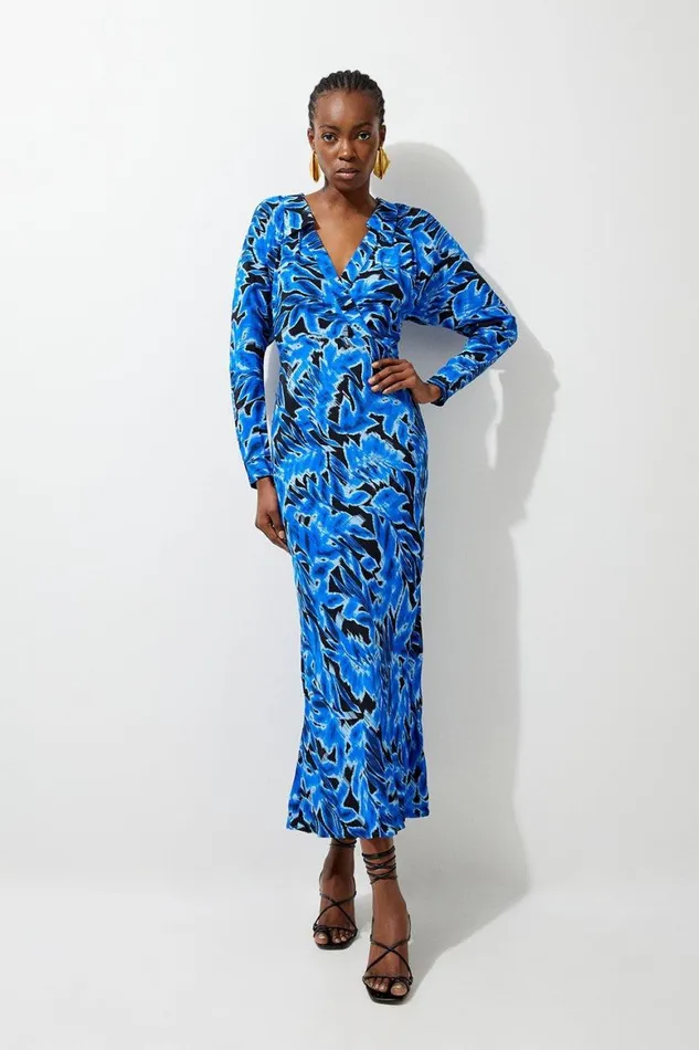 Dresses Women Karen Millen Blue Leaf Printed Woven Viscose Collared Midaxi Dress Blue