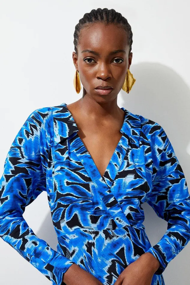 Dresses Women Karen Millen Blue Leaf Printed Woven Viscose Collared Midaxi Dress Blue