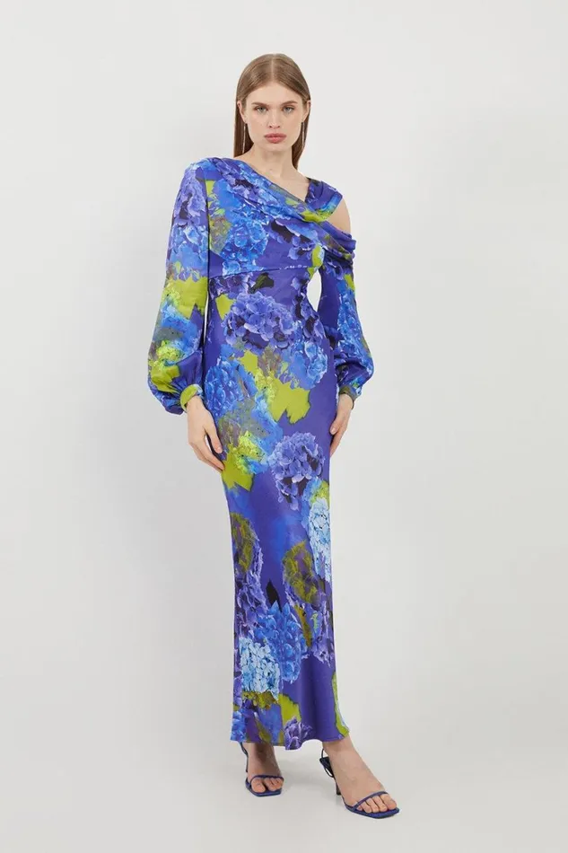 Dresses Women Karen Millen Bright Floral Print Satin Cold Shoulder Draped Midi Dress Purple Dresses Women Karen Millen Bright Floral Print Satin Cold Shoulder Draped Midi Dress Purple