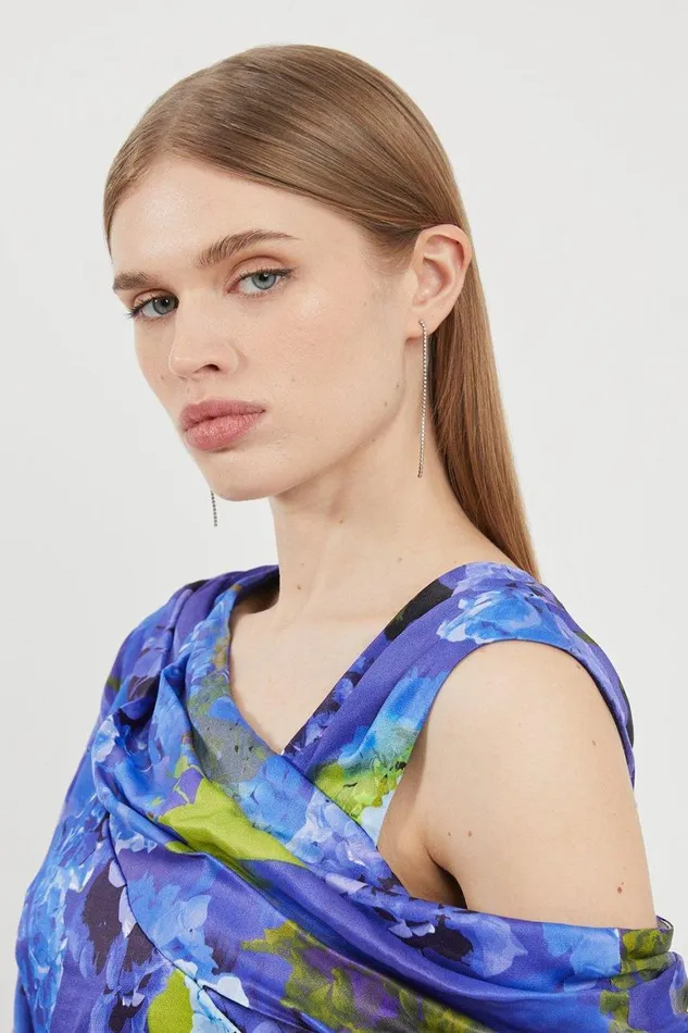 Dresses Women Karen Millen Bright Floral Print Satin Cold Shoulder Draped Midi Dress Purple