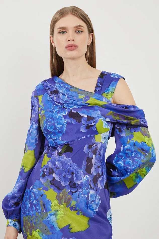 Dresses Women Karen Millen Bright Floral Print Satin Cold Shoulder Draped Midi Dress Purple