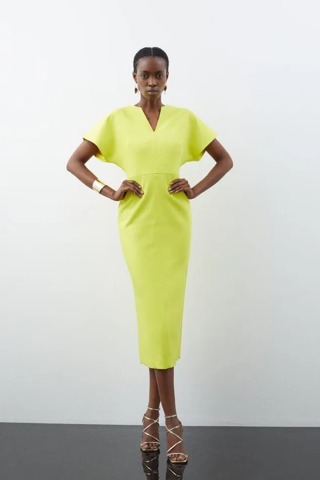 Dresses Women Karen Millen Clean Tailored Seamed Detail Rounded Sleeve Midi Dress Yellow