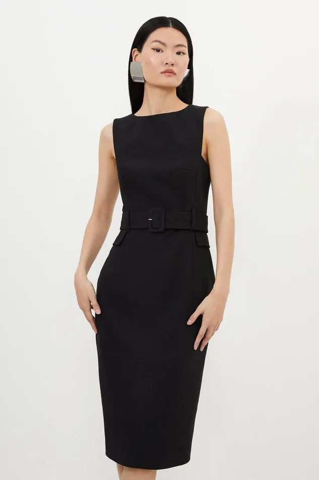 Dresses Women Karen Millen Compact Stretch Belted Tailored Midi Pencil Dress Black