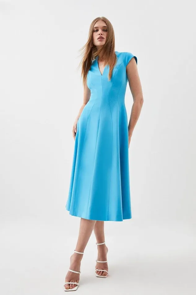 Dresses Women Karen Millen Compact Stretch Seam Detail High Neck Full Skirt Midi Dress Aqua