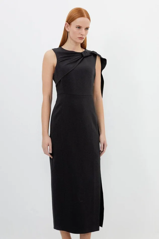 Dresses Women Karen Millen Compact Stretch Viscose Knot Drape Tailored Midi Dress Black