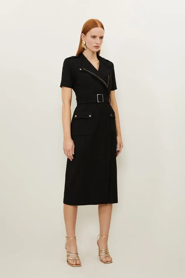 Dresses Women Karen Millen Compact Stretch Wrap Belted Tailored Midi Dress Black