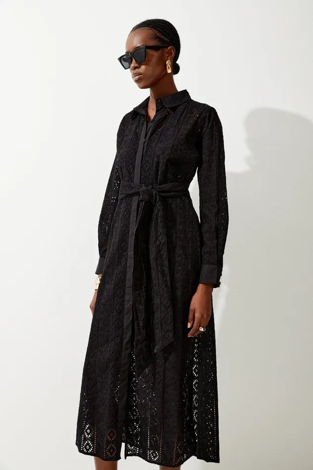 Dresses Women Karen Millen Cotton Broderie Belted Woven Midi Dress Black