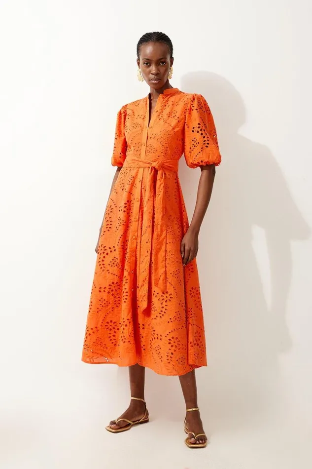 Dresses Women Karen Millen Cotton Broderie Belted Woven Midi Dress Orange