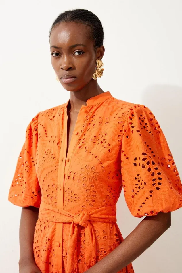 Dresses Women Karen Millen Cotton Broderie Belted Woven Midi Dress Orange