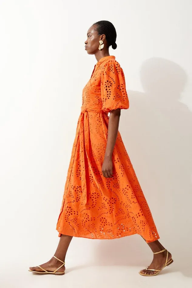 Dresses Women Karen Millen Cotton Broderie Belted Woven Midi Dress Orange