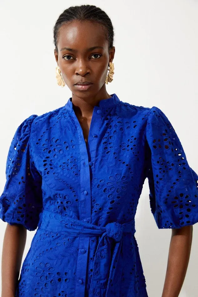 Dresses Women Karen Millen Cotton Broderie Belted Woven Mini Dress Cobalt