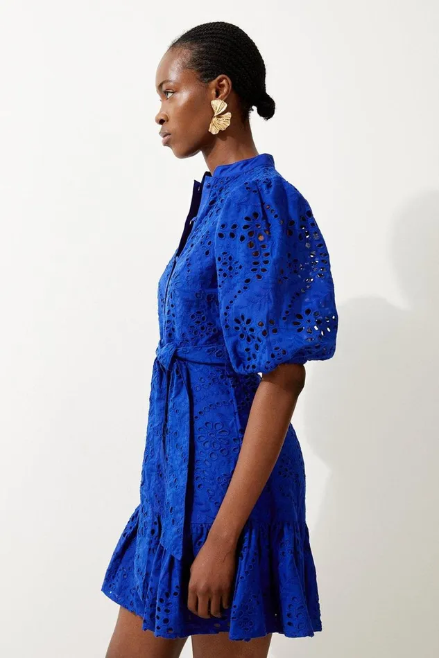 Dresses Women Karen Millen Cotton Broderie Belted Woven Mini Dress Cobalt