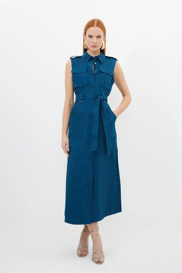 Dresses Women Karen Millen Cotton Sateen Pocket Detail Woven Maxi Shirt Dress Navy