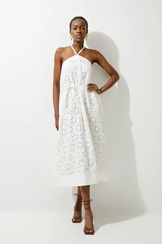 Dresses Women Karen Millen Crafted Cotton Embroidery Woven Halter Maxi Dress White