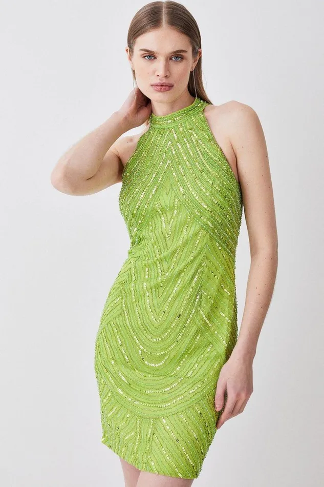 Dresses Women Karen Millen Crystal Embellished Halter Neck Woven Mini Dress Lime