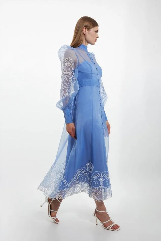 Dresses Women Karen Millen Embroidered Floral Woven Button Up Maxi Dress Blue