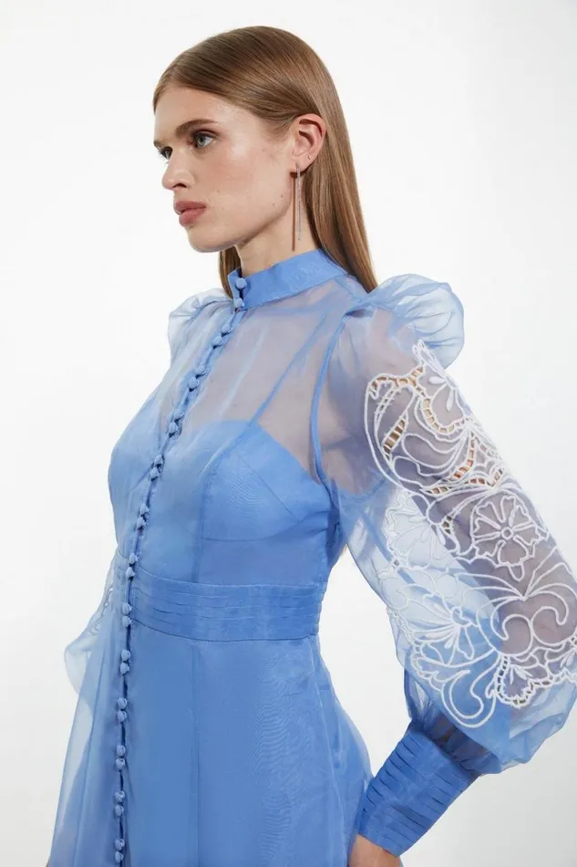 Dresses Women Karen Millen Embroidered Floral Woven Button Up Maxi Dress Blue