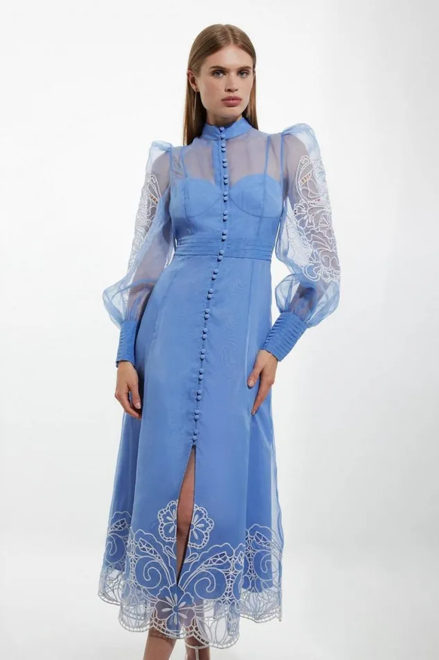 Dresses Women Karen Millen Embroidered Floral Woven Button Up Maxi Dress Blue