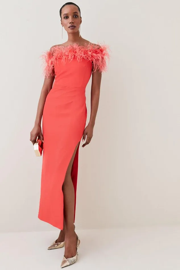 Dresses Women Karen Millen Feather Bardot Stretch Crepe Tailored Maxi Dress Red
