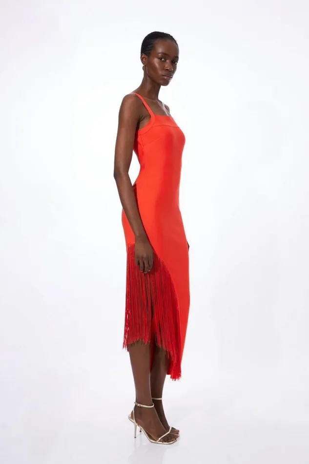 Dresses Women Karen Millen Figure Form Bandage Asymmetric Fringe Hem Knit Dress Bright Pink
