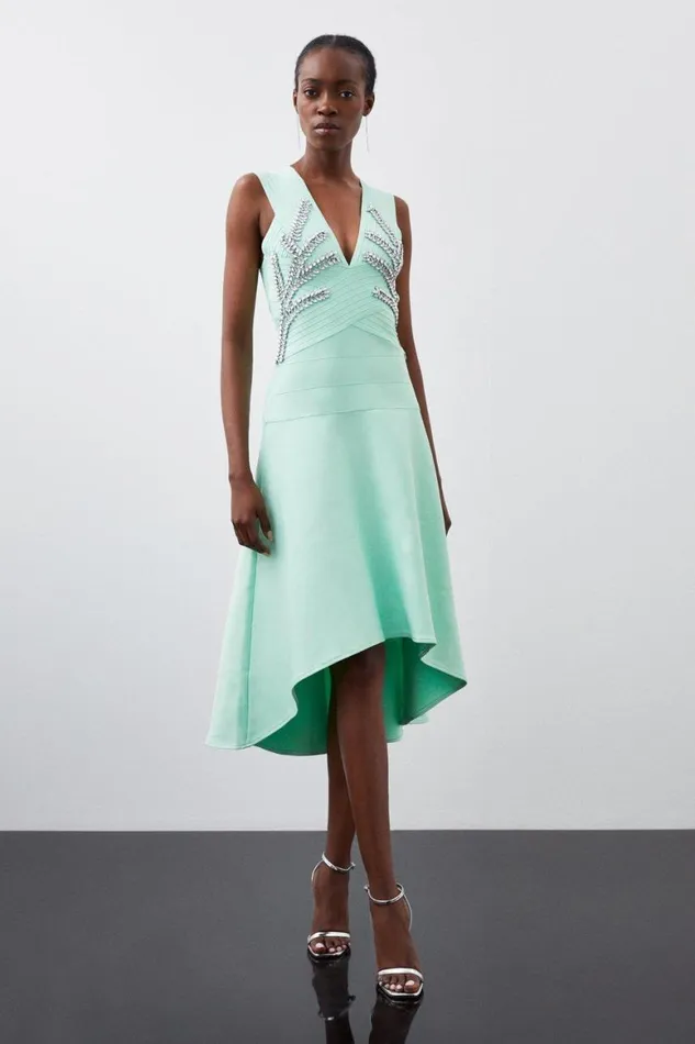 Dresses Women Karen Millen Figure Form Bandage Embellished High Low Knit Dress Jade