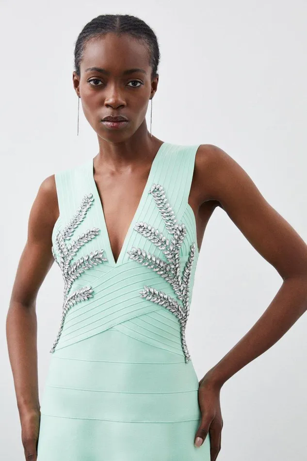 Dresses Women Karen Millen Figure Form Bandage Embellished High Low Knit Dress Jade