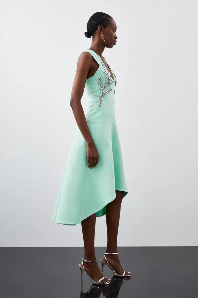 Dresses Women Karen Millen Figure Form Bandage Embellished High Low Knit Dress Jade