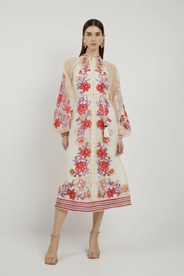 Dresses Women Karen Millen Floral Placed Embroidery Organdie Woven Midi Dress Blush
