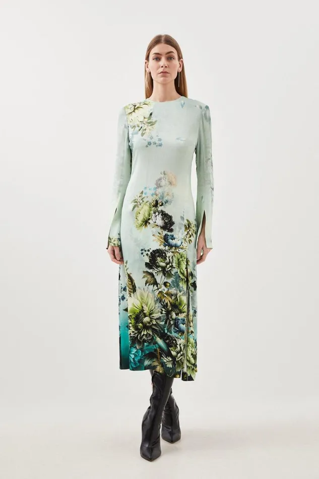 Dresses Women Karen Millen Garden Floral Woven Viscose Satin Midi Dress Blue