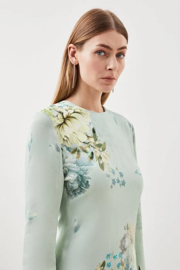 Dresses Women Karen Millen Garden Floral Woven Viscose Satin Midi Dress Blue