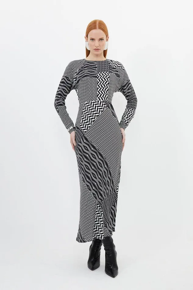 Dresses Women Karen Millen Geo Printed Morocain Woven Crew Neck Midaxi Dress Geo