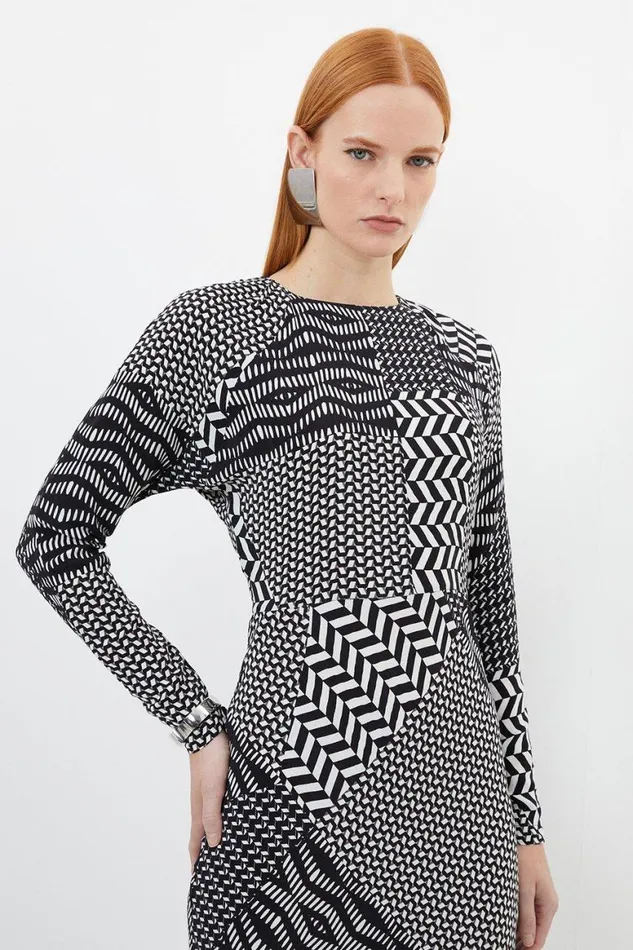Dresses Women Karen Millen Geo Printed Morocain Woven Crew Neck Midaxi Dress Geo