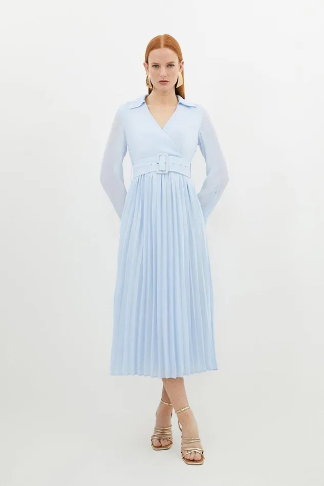 Dresses Women Karen Millen Georgette Woven Belted Pleated Midi Dress Blue