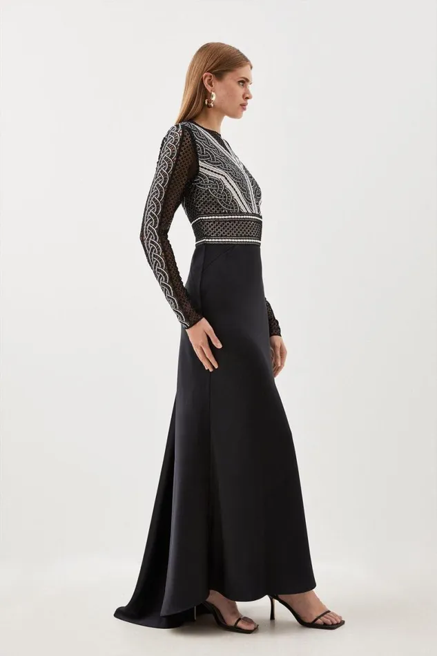Dresses Women Karen Millen Guipure Lace Satin Woven Maxi Dress Black