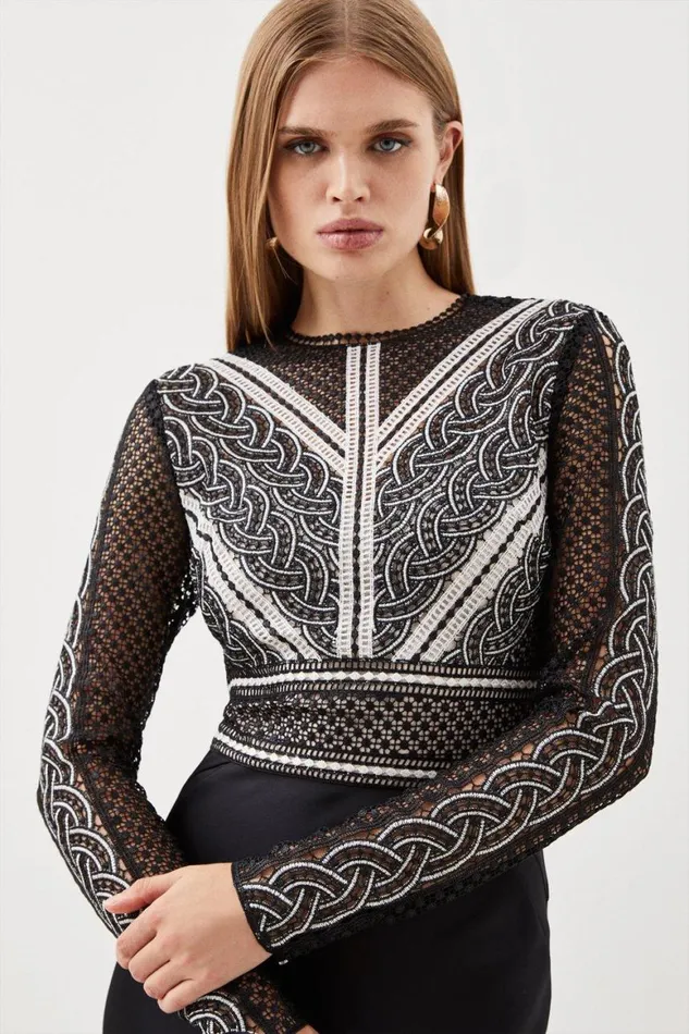 Dresses Women Karen Millen Guipure Lace Satin Woven Maxi Dress Black