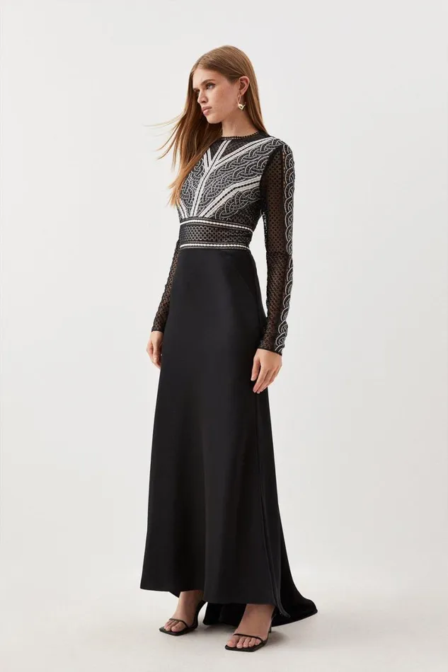 Dresses Women Karen Millen Guipure Lace Satin Woven Maxi Dress Black