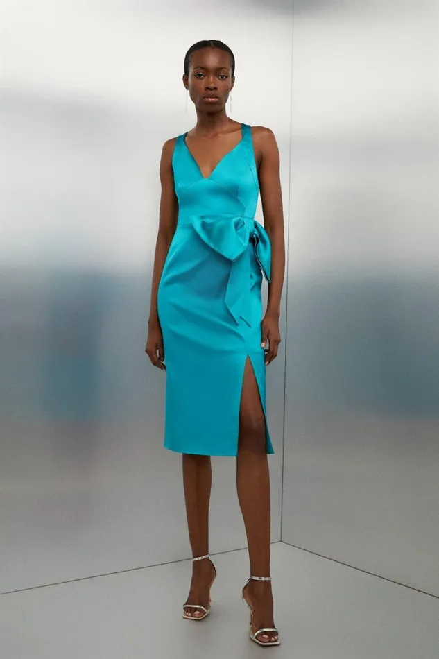 Dresses Women Karen Millen Italian Satin Bow Detail Cross Back Midi Dress Blue