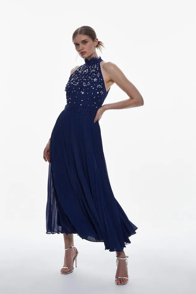 Dresses Women Karen Millen Lace Embellished Halter Pleated Woven Midi Dress Navy