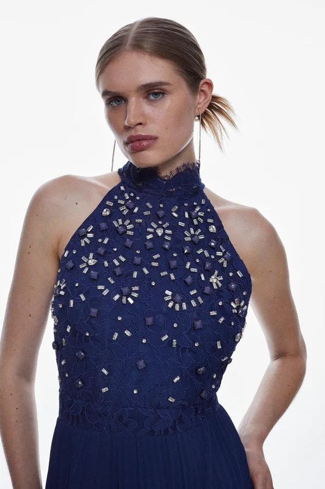 Dresses Women Karen Millen Lace Embellished Halter Pleated Woven Midi Dress Navy